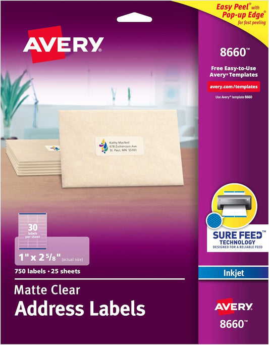 Avery Matte Clear Address Labels, Sure Feed Technology, Inkjet, 1" x 2-5/8", 750 Labels, 5 Packs (8660)