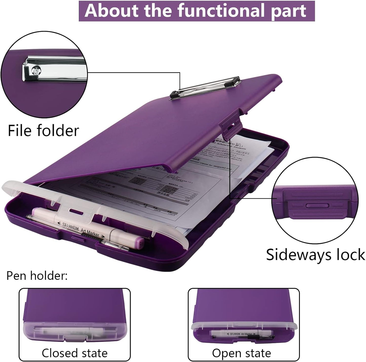 Clipboard with Storage,A4 Binder Clipboards with Pen Holder Nursing Clipboards,Clip Boards 8.5x11 with Storage-Side Open,Storage Clipboard with Low Profile Clip,Clip Board for Office Supplies-Purple