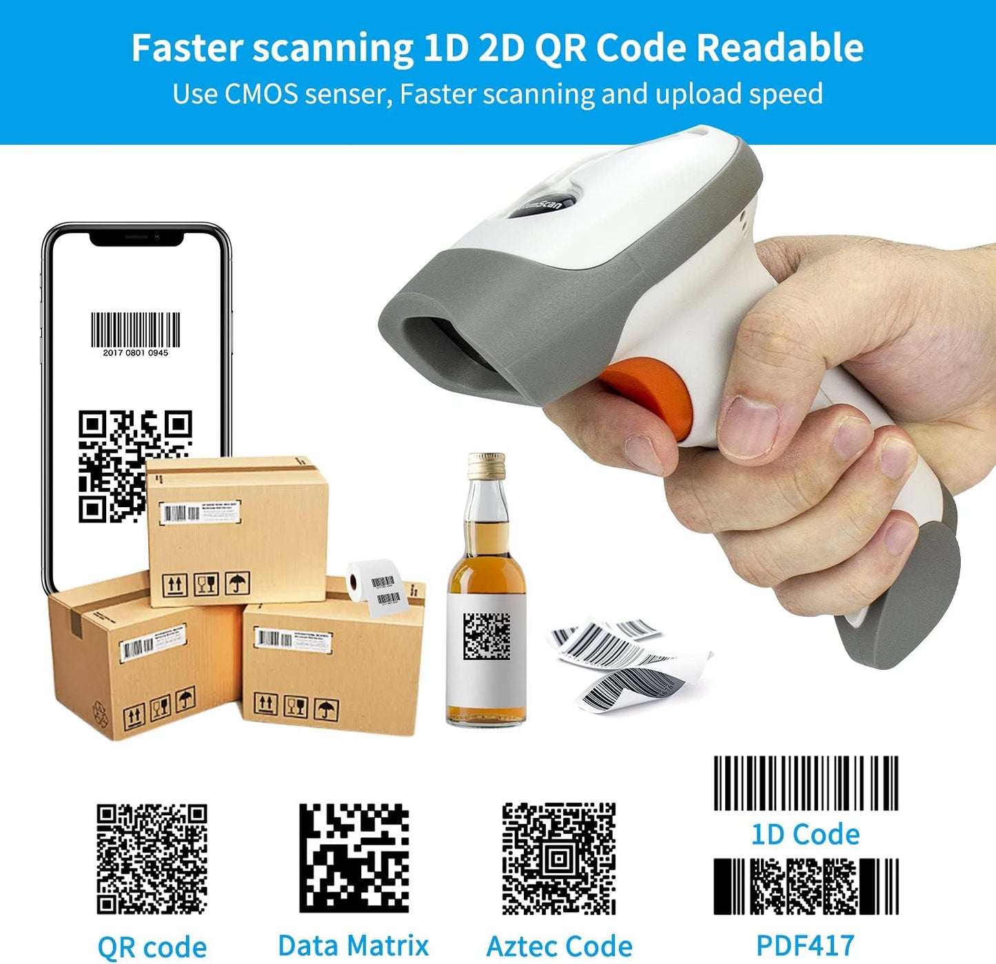 NetumScan Bluetooth 2D Barcode Scanner, 3 in 1 Automatic Wireless QR Barcode Reader USB Image Code Scanner for Store, Warehouse POS, Computer, Tablet, iPad, iPhone, Android