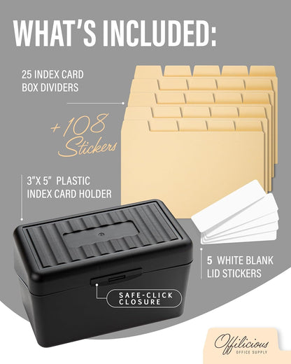 Index Card Box 3x5 - Recipe Box with Manila Dividers & Stickers - Premium Index Card Holder Ideal as Business Card Organizer, Recipe Card Box, Index Card Organizer, Flash Card Holder