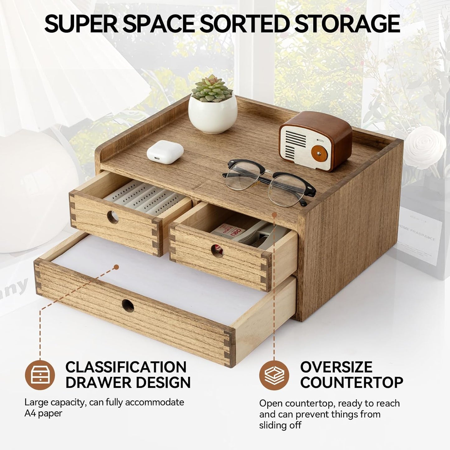 KIRIGEN Desk Organizer with Drawers - Wood Drawer Storage Box with Trays for Tabletop - Workspace Office Toiletries Supplies Tool Caddy - Wooden Storage Cabinet Dark Brown（DT2D3C-DBR）