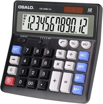 OSALO Desktop Calculator Extra Large Display 12 Digits Big Buttons Solar Accounting Calculator for Office Black (OS-200ML)