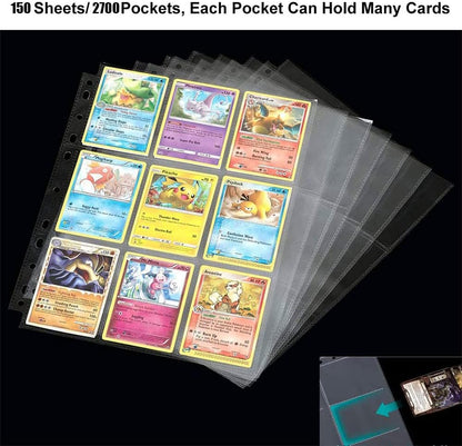 2700 Pockets Trading Card Sleeve Pages,150 Pack Double Side 9-Pocket Trading Card Binder Sleeves Page Protectors Sheet for Standard Size Sport Cards, Baseball Cards, Game Cards for 11 Ring Binder
