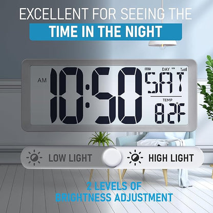 TXL Silver Large Digital Wall Clock with Backlight, 14.2" Battery Operated Alarm Clock with Day, Date & Temperature, Large Wall Clock for Classroom,Bedroom, Livingroom, Office，（Battery Included）