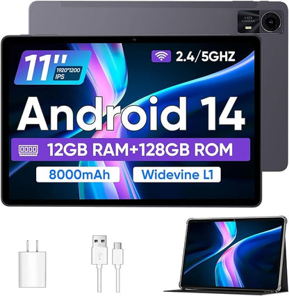 Android 14 Tablet with Case, Tablets 11 inch, Octa-core CPU,12GB+128GB+1TB Expandable,8000mAh Large Battery with 18W PD Fast Charge/Dual Band WiFi6/BT 5.0/GPS/FM Radio