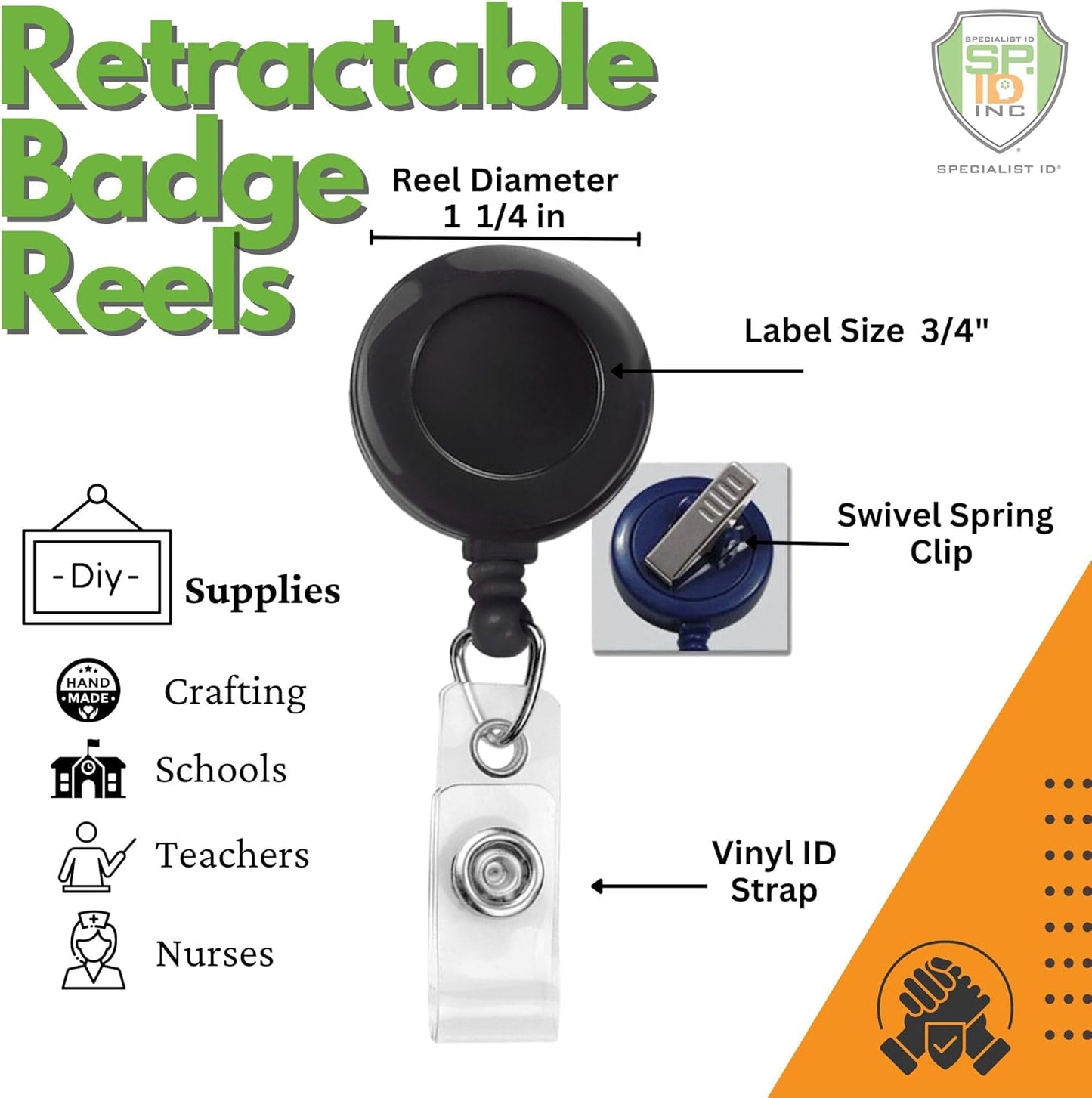 Bulk 25 Pack - Black Retractable Badge Reels with Alligator Swivel Clip & Vinyl Card Holder Strap by Specialist ID - Bulk Premium Black Retractable Name Badge Reels with Alligator Swivel Clip