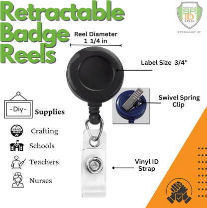 Bulk 25 Pack - Black Retractable Badge Reels with Alligator Swivel Clip & Vinyl Card Holder Strap by Specialist ID - Bulk Premium Black Retractable Name Badge Reels with Alligator Swivel Clip