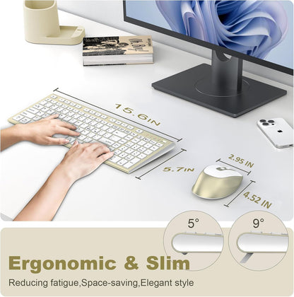 Wireless Keyboard and Mouse, USB Type C Rechargeable Slim Silent Keyboard Mouse, Compact Full-Size Keyboard with Number Pad and Cover for Windows, macOS, PC/Computer/Laptop - Gold