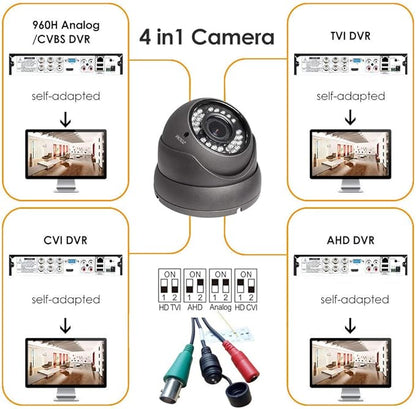 Analog CCTV Camera HD 1080P 4-in-1 (TVI/AHD/CVI/CVBS) Security Dome Camera Outdoor, 2.8mm-12mm Manual Focus/Zoom Varifocal Lens, Weatherproof Metal Housing 36 IR-LEDs Day & Night Monitoring (Grey)