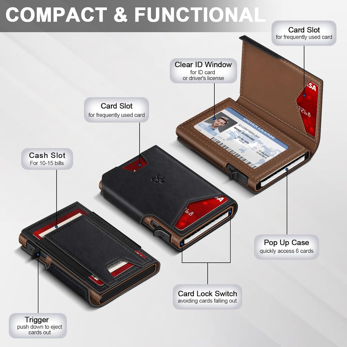 Wallet for Men Wallet with Slim Pop Up Card Holder 9-13 Cards, Bifold Minimalist Smart Wallet RFID Blocking Credit Card Holder with ID Window & Stretchable Cash Slot Compact Metal Aluminum Card Case