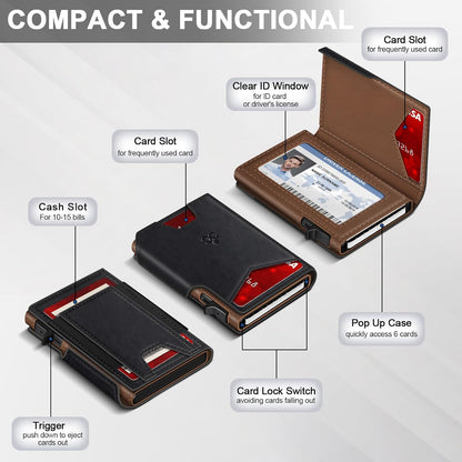 Wallet for Men Wallet with Slim Pop Up Card Holder 9-13 Cards, Bifold Minimalist Smart Wallet RFID Blocking Credit Card Holder with ID Window & Stretchable Cash Slot Compact Metal Aluminum Card Case