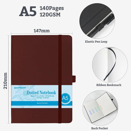 2Pack Bullet Dotted Hardcover Journal Notebook, A5 140 Pages 120Gsm Thick Paper for School,Note Taking,Work,Diary，5.7"*8.3",Burgundy