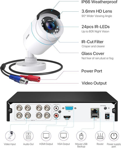 ZOSI 1080P H.265+ Home Security Camera System with AI Human Vehicle Detection, 5MP 3K Lite 8 Channel CCTV DVR Recorder with 2TB Hard Drive and 8 x 1080p Surveillance Bullet Camera Outdoor Indoor