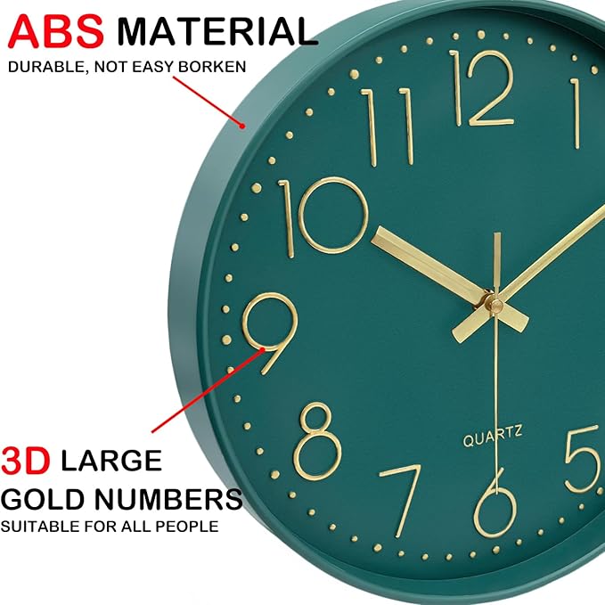 Wall Clock, Silent Wall Clocks Battery Operated 10 Inch- Modern Non Ticking Analog Clock with Large Numerals Tempered Glass Clocks for Bedroom Living Room Kitchen Office Decor, Dark Green