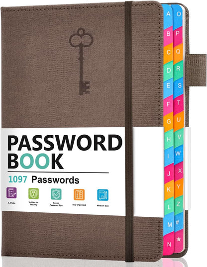 Password Keeper Book with Colorful Alphabetical Tabs, Hardcover Password Log-book for Internet Password and Website Address, 5.8"×8.4" Password Notebook for Home Office (Chocolate, Medium (5.8 x 8.4 Inch))