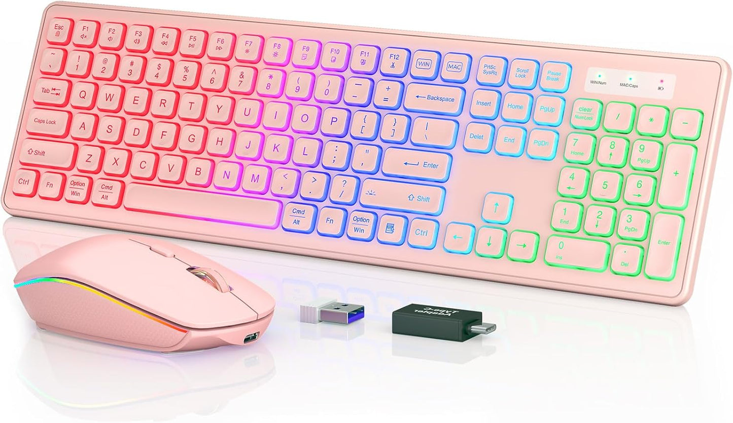 Wireless Keyboard and Mouse Combo - RGB Backlit, Rechargeable & Light Up Letters, Full-Size, Ergonomic Tilt Angle, Sleep Mode, 2.4GHz Quiet Keyboard Mouse for Mac, Windows, Laptop, PC, Trueque, Pink