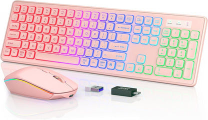 Wireless Keyboard and Mouse Combo - RGB Backlit, Rechargeable & Light Up Letters, Full-Size, Ergonomic Tilt Angle, Sleep Mode, 2.4GHz Quiet Keyboard Mouse for Mac, Windows, Laptop, PC, Trueque, Pink