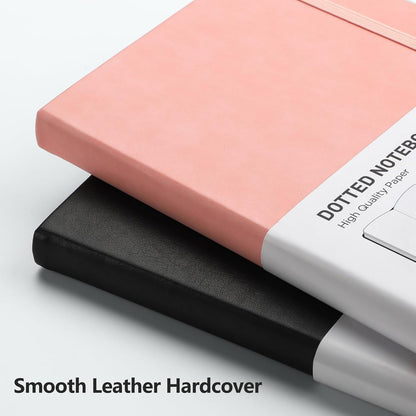 RETTACY Bullet Dotted Journal Notebook, 2-Pack, 160 Numbered Pages per Pack, A5 Medium Size (5.7'' x 8.3''), 120 GSM Thick Paper, Leather Hardcover, for Bullet Journaling (Black & Pink)