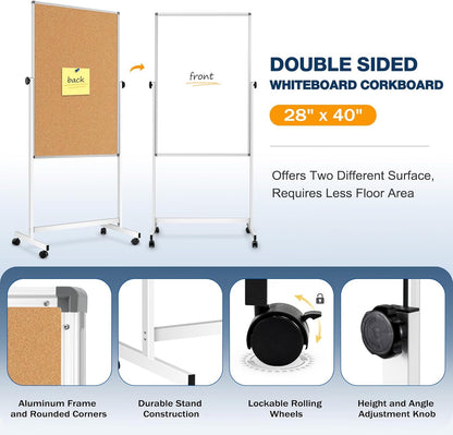 [15 Sq/ft] Large Rolling Whiteboard & Corkboard Combo with Stand, 28"x40" Reversible Double-Sided White Board Cork Board Combination, Mobile Dry Erase and Bulletin Boards on Wheels