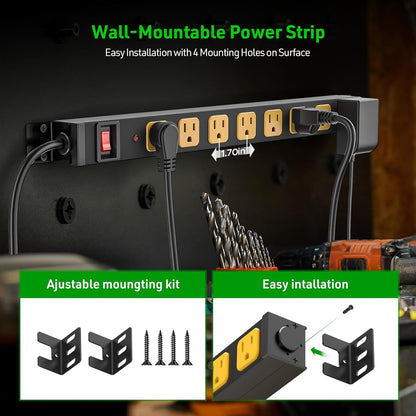 CRST 8 Outlet Metal Heavy Duty Power Strip, 2100 Joules Mountable Surge Protector Power Strip, Slim Power Bar with 6ft 14AWG Cord, ETL Listed