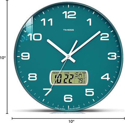Wall Clock, 10" Dial Non-Ticking Silent Battery Operated Analog with LCD Display for Perpetual Calendar and F° Temperature, Ideal Modern Home, Office Decor (Green)