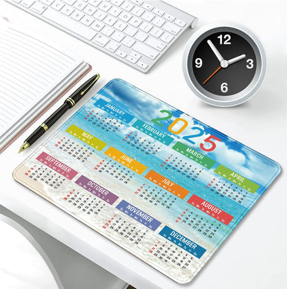 2025 Calendar Rectangular Stitched Edge Office Computer Mouse Pad, Anti Slip Rubber Desktop Gaming Mouse Pad (Beach Calendar)