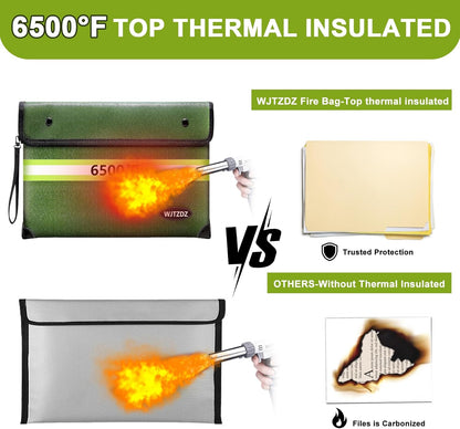 6500°F Fireproof Document Bag,Upgraded Fireproof/Waterproof Money Bag with Zipper/Reflective Strip,Storage Pouch for A4 Letter Size Document,Cash,Cell Phone,Passport