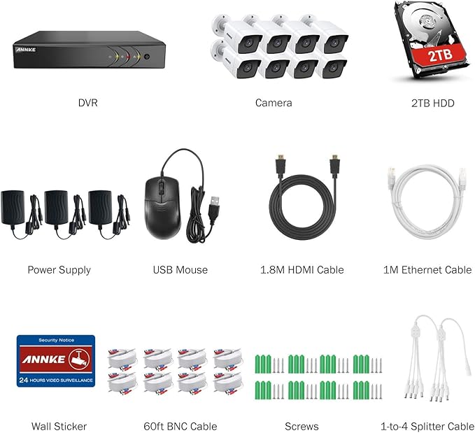 ANNKE 8 Channel 8 Camera Security System H.265+ DVR Recorder with 2TB HDD and 8X 5MP(2560TVL) Outdoor CCTV Bullet Cameras, IP67 Weatherproof,100ft Night Vision, Email Alert, Remote Access