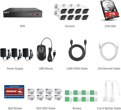ANNKE 8 Channel 8 Camera Security System H.265+ DVR Recorder with 2TB HDD and 8X 5MP(2560TVL) Outdoor CCTV Bullet Cameras, IP67 Weatherproof,100ft Night Vision, Email Alert, Remote Access