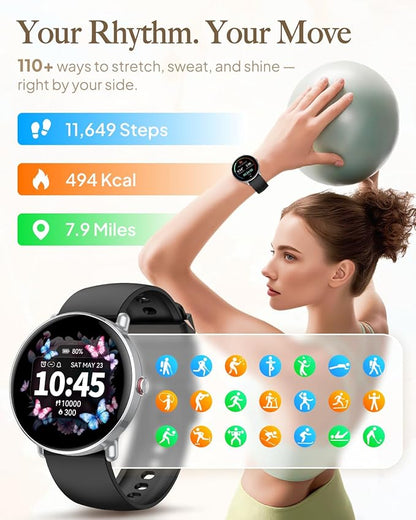 Smart Watch for Women Men, for Android iOS with Sleep & Calorie Monitor, Pedometer Fitness Tracker, Bluetooth Call, IP68 Waterproof, 112+ Sport Modes Round Face Smartwatch (Modern,Lacquer Black,1.39)