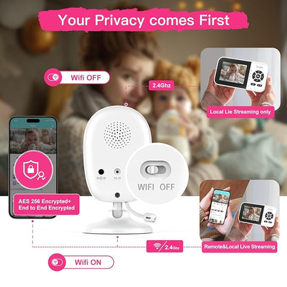 1080p Smart AI 2 Camera Video Baby Monitor,WiFi Switch,2.8" inch Display or WiFi Remote Access,Night Vision,1500ft Long Range,2-Way Talk,Sound Alert,Temperature Sensor,Lullabies Feeding Remind