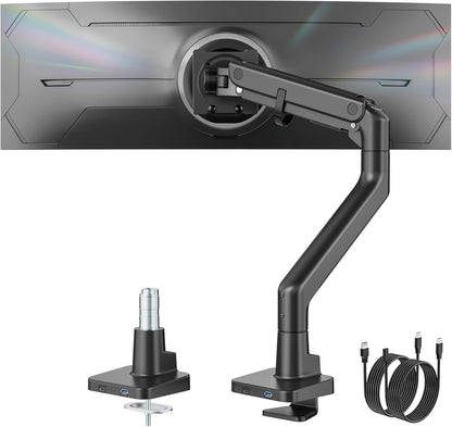 monTEK Single Monitor Arm with USB A/C, Ultrawide Monitor Stand for 17 to 57 Inch Curved Screen, Holds 59.4 lbs, Adjustable Gas Spring Arm, 75/100 VESA Mount, Clamp & Grommet Desk Mount, Black