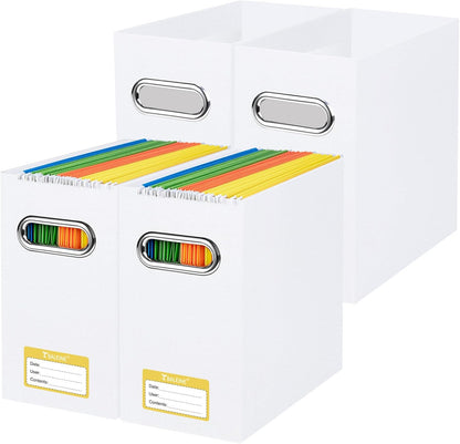 BALEINE File Organizer Box, Cardboard File Folder Organizer with Handle for Letter Size, Portable Collapsible Hanging Filing Box for Home Office Document Storage (4 Pack, White)