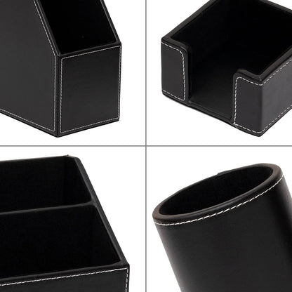 6 Piece Office Supplies/Desk Organizer Set with Desktop Leather Writing Pad,File Paper Tray,Magazine folder Holder, Pen Cup,Sticky Note Holder,Letter Mail Sorter,Workspace Decor for Women Men Black
