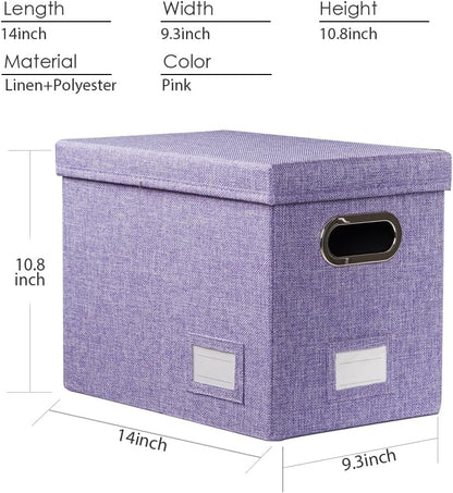 PRANDOM File Organizer Box - Set of 2 Collapsible Decorative Linen Filing Storage Hanging File Folders with Lids Office Cabinet Letter Size Purple (14x9.3x10.8 inch)