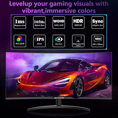 34 Inch Curved Ultra Wide WQHD 4K (3440 × 1440) Gaming Monitor, 165Hz 1500R-PIP/PBP, 1ms (MPRT), HDR400, DCI-P3 95%,FreeSync & G-Sync, 2 x DP 1.4 and 2 x HDMI 2.0, Tilt Height Adjustment