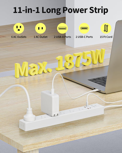15 Ft Power Strip Surge Protector - 7 Outlets 4 USB Ports (2 USB C), Ultra Thin Flat Extension Cord & Flat Plug, 1700 Joules, Wall Mount, Desk Charging Station for Home Office Dorm, White