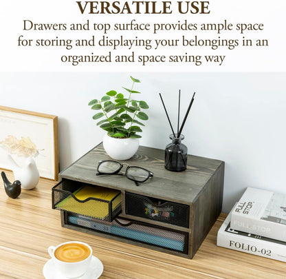 MyGift Vintage Weathered Gray Solid Wood Desktop Organizer Box with 3 Removable Black Metal Mesh Trays, Office Desk Supplies Storage Drawers for Accessories