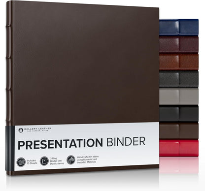 Gallery Leather 3 Ring Binder with Plastic Sleeves, Includes 10 Sheets, Sheet Size: 8.5" x 11" - Presentation Binder Rings with Hubbed Spine, Thick: 1.25" Freeport Mocha