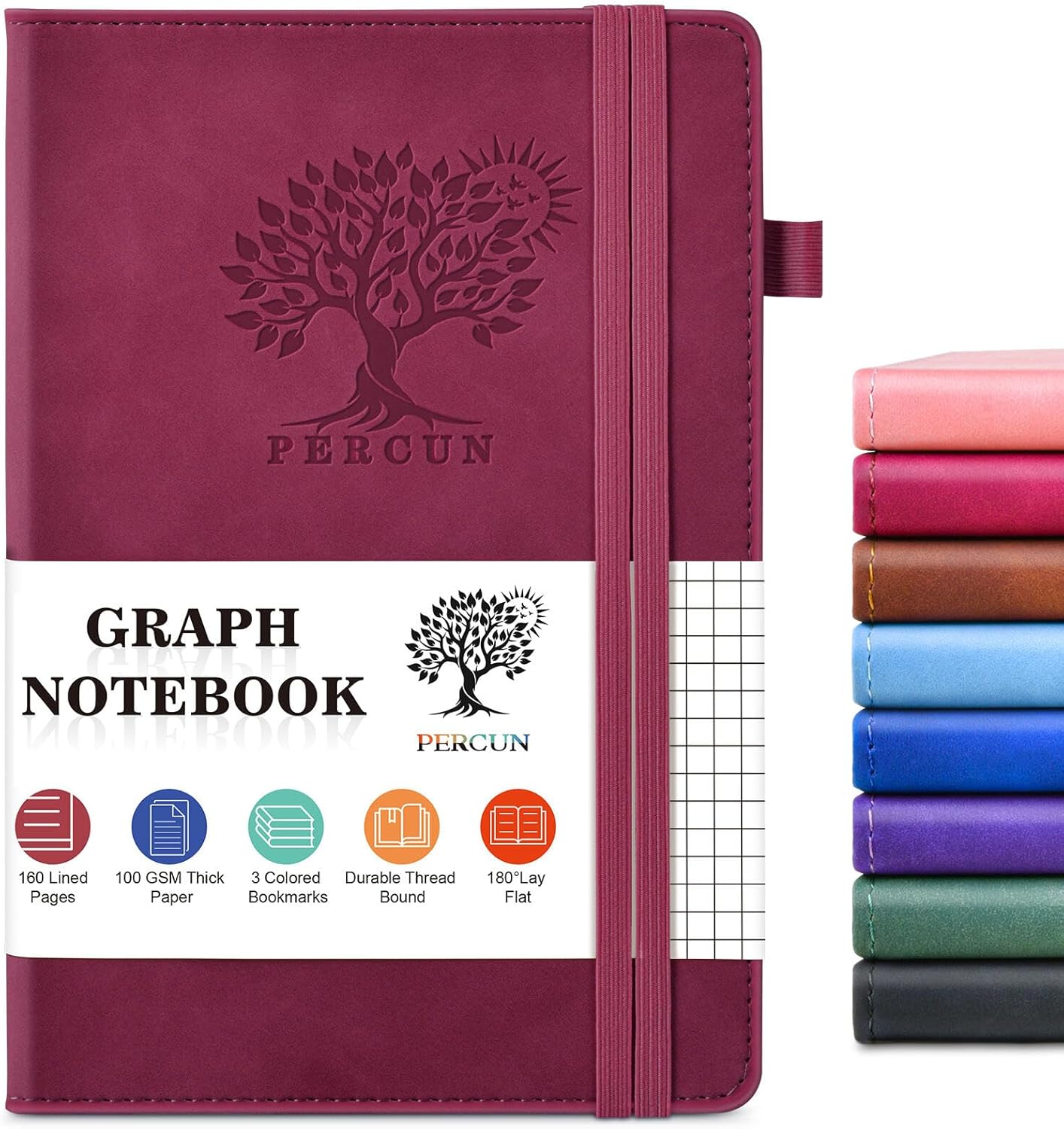 Graph Paper Notebook, 160 Pages Grid Journal for women & men, A5 Hardcover Leather Graphing Notebook for School, Work, Travel, Note Taking 5.9”x8.5” (Burgundy)