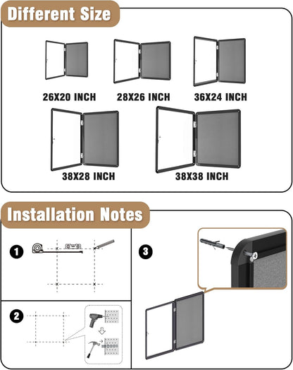 28"x26" Enclosed Bulletin Board, Lockable Weather-Resistant Aluminum Cork Noticeboard for School & Office, Black Frame w/Grey Flet