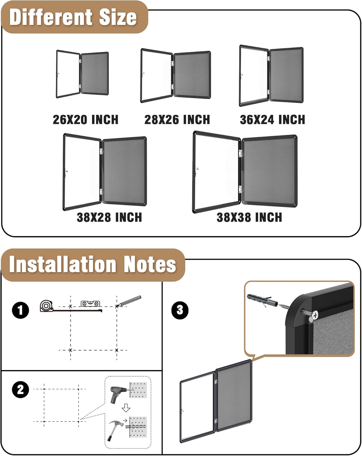 36"x24" Enclosed Bulletin Board, Lockable Weather-Resistant Aluminum Cork Noticeboard for School & Office, Black Frame w/Grey Flet