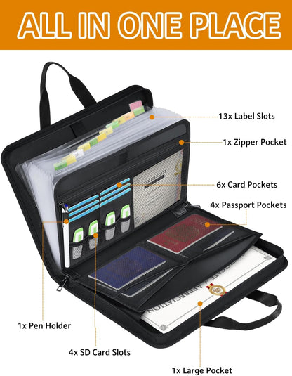 Important Document Organizer Folio Accordion File Organizer Fireproof Expanding File Folder Storage Box with Zipper Labels 13 Pockets for Business Office Receipt Travel