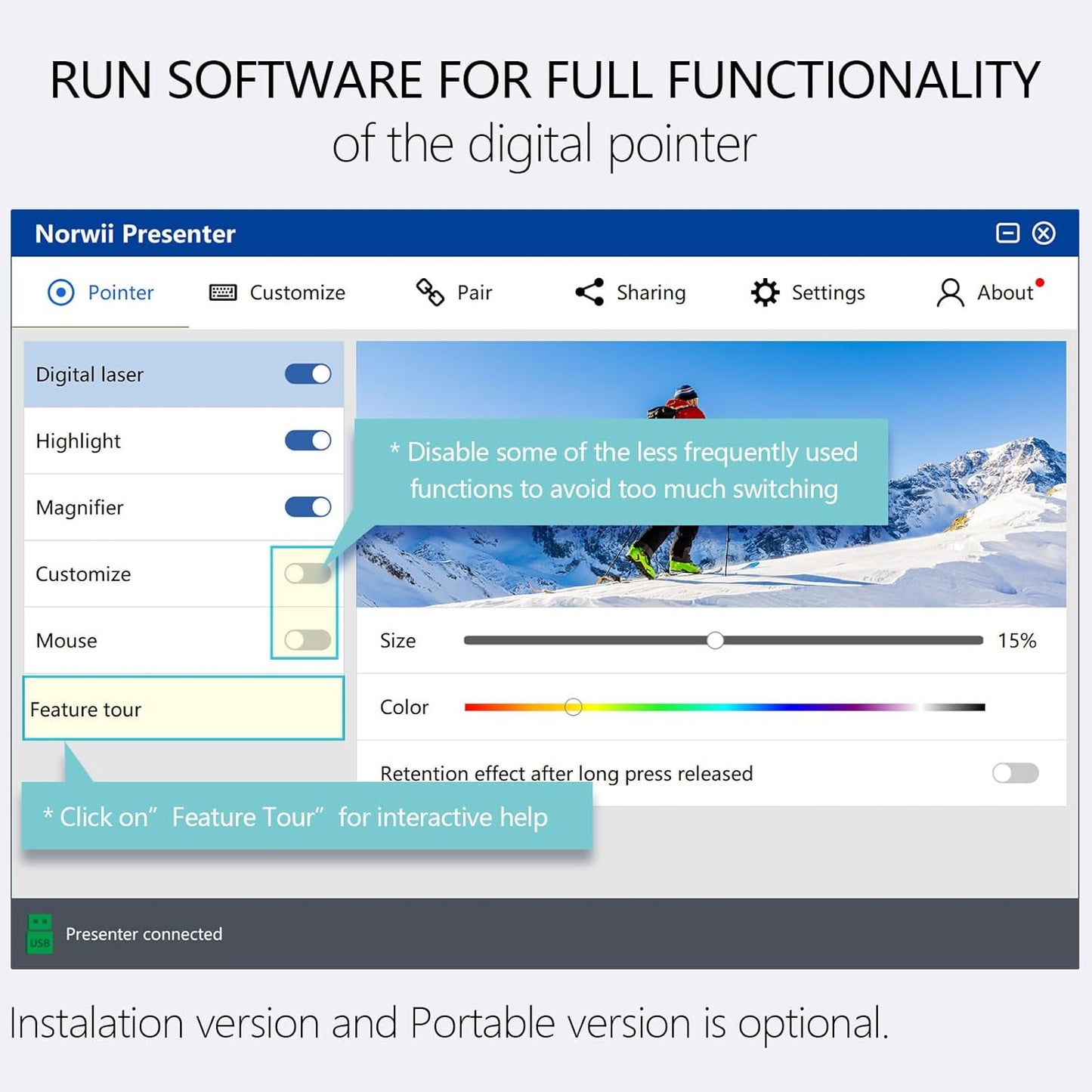 Norwii Presentation Clicker with Digital Pointer for TV LED LCD Screen, Presentation Remote, Slide Clicker, Wireless Presenter with Highlight, Magnify, Mouse Left Click - N95s Pro 32G(Red Light)