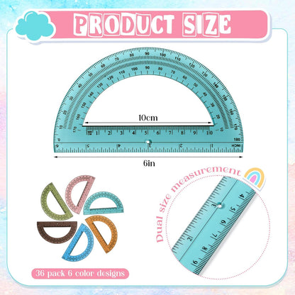 36 Pcs of Colorful Plastic Protractors 180 Degrees 6 Inches Mathematical Protractor Translucent Geometric for Learn Office Measurement Drawing