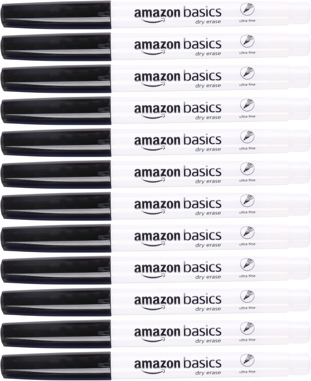 Amazon Basics Low Odor Ultra Fine Tip Dry Erase White Board Markers, Black, 12-Pack
