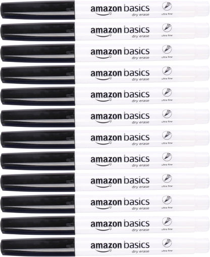 Amazon Basics Low Odor Ultra Fine Tip Dry Erase White Board Markers, Black, 12-Pack