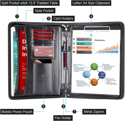 Darolin Zippered Leather Padfolio Portfolio with Hidden Handle and Clipboard, Business Conference Organizer Notepad Folder, Portfolio Bag, Padfolio for Women/Men (Black)