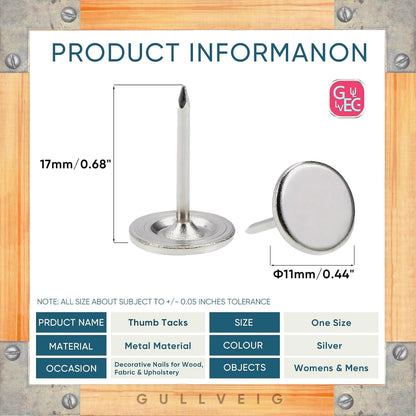 Gullveig Silver Push Pins - 100 Piece Set in Elegant Metallic Finish - Durable Metal Thumb Tacks, Reusable Paper Box - Perfect for Home, Office, and DIY Projects - Ф11mm x 17mm