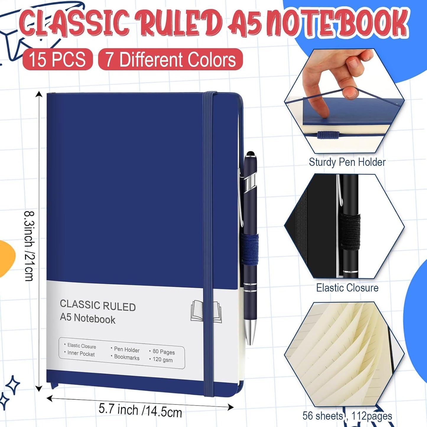 15 Pack Journal Notebook Bulk A5 Hardcover Notebook Classic Journal Set with Pen Holder with 15 Pcs Pens for School Business Work Travel Writing (Multicolor)